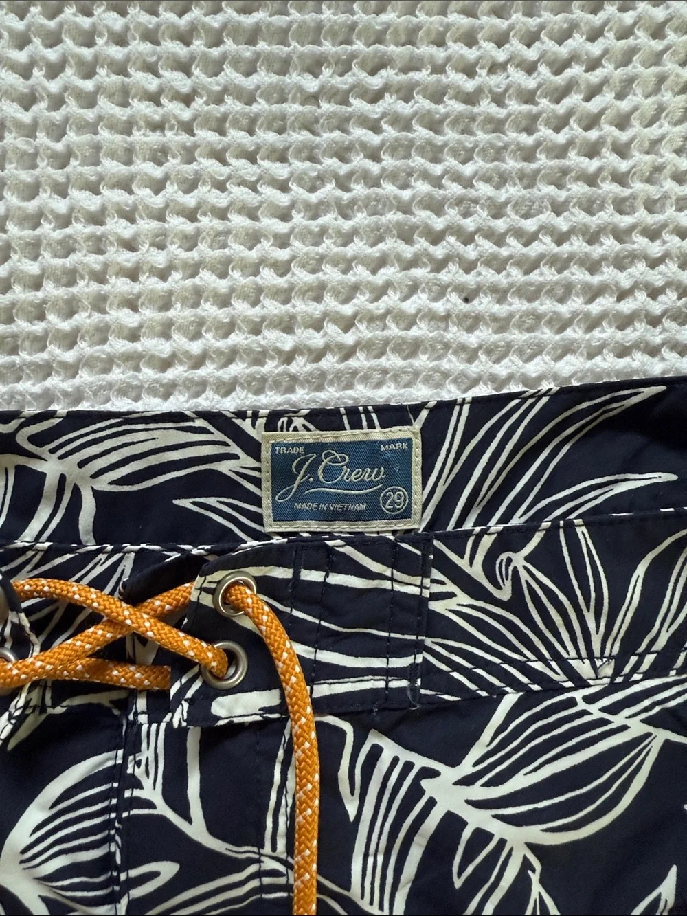 J. Crew Navy Swim Board Shorts with White Tropical Print and Tan Drawstring